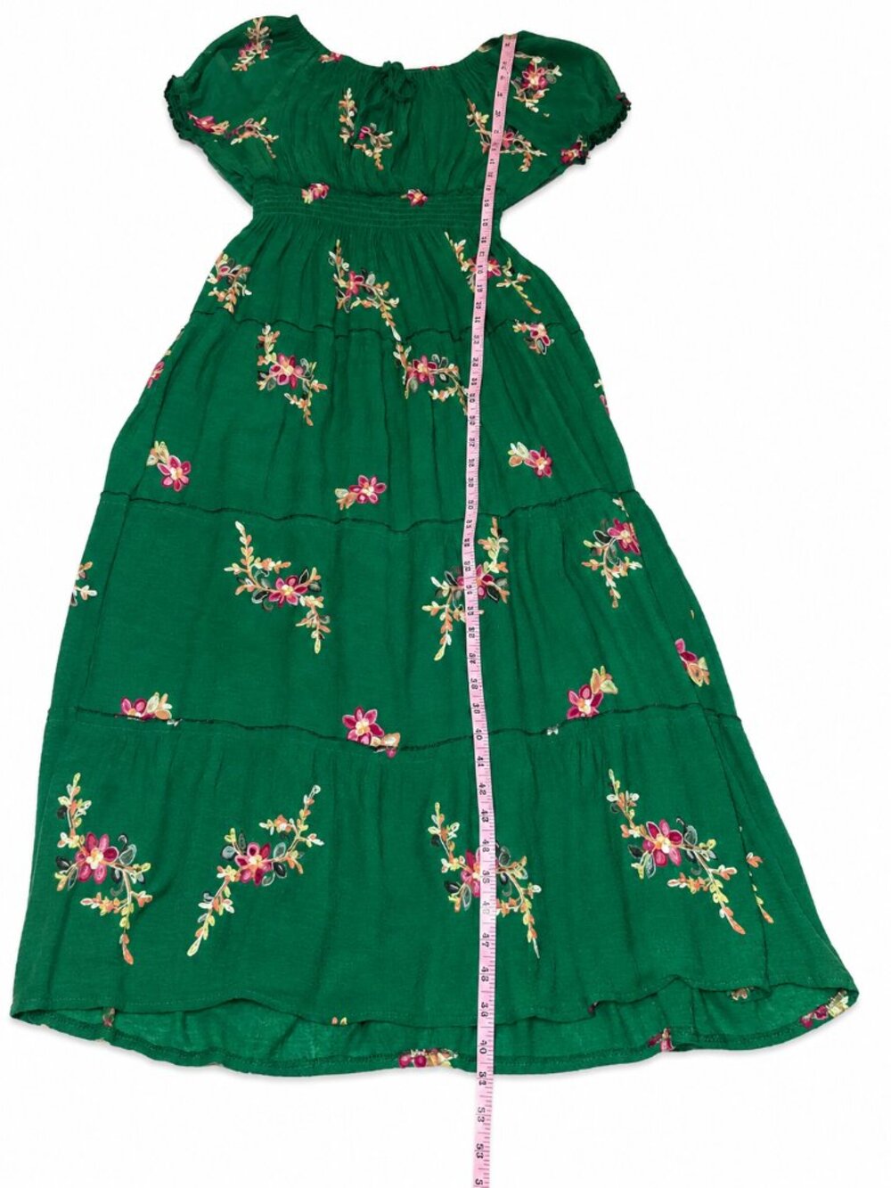 Green Floral Embroidered Boho Peasant Midi Dress Smocked Waist Puff Sleeve Women - Picture 6 of 8